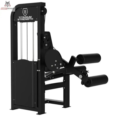 Titanium Strength Elite Series Beinbeuger sitzend – Schrägansicht von hinten mit Gewichtsturm und Beinrollen