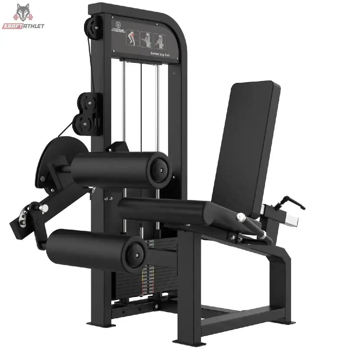 Titanium Strength Elite Series Beinbeuger sitzend – Schrägansicht mit Beinrollen, Sitz und Gewichtsturm