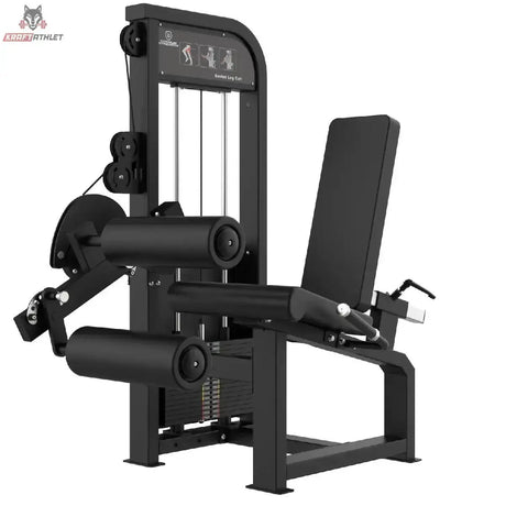 Titanium Strength Elite Series Beinbeuger sitzend – Schrägansicht mit Beinrollen, Sitz und Gewichtsturm