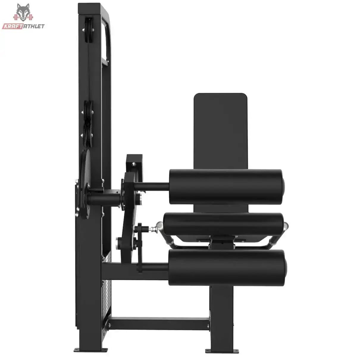 Titanium Strength Elite Series Beinbeuger sitzend – Seitenansicht mit Rückenlehne und übereinander liegenden Beinrollen