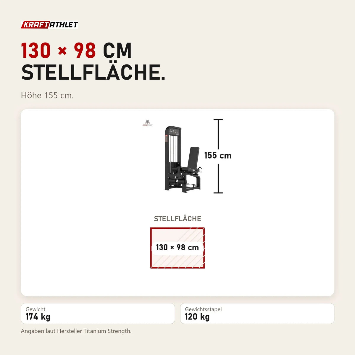 Maßbild Titanium Strength Elite Series Beinstrecker: Stellfläche 130 × 98 cm, Höhe 155 cm