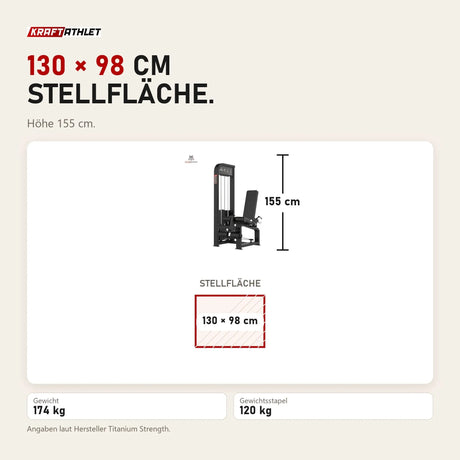 Maßbild Titanium Strength Elite Series Beinstrecker: Stellfläche 130 × 98 cm, Höhe 155 cm