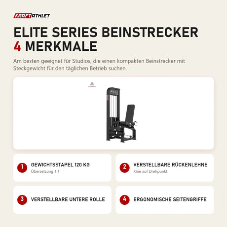 Titanium Strength Elite Series Beinstrecker mit 4 Merkmalen: Gewichtsstapel 120 kg, Verstellbare Rückenlehne, Verstellbare untere Rolle, Ergonomische Seitengriffe
