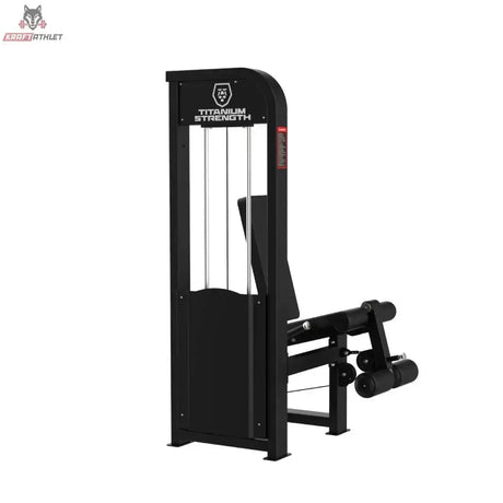 Titanium Strength Elite Series Beinstrecker – Schrägansicht von hinten mit Gewichtsturm und Beinpolstern