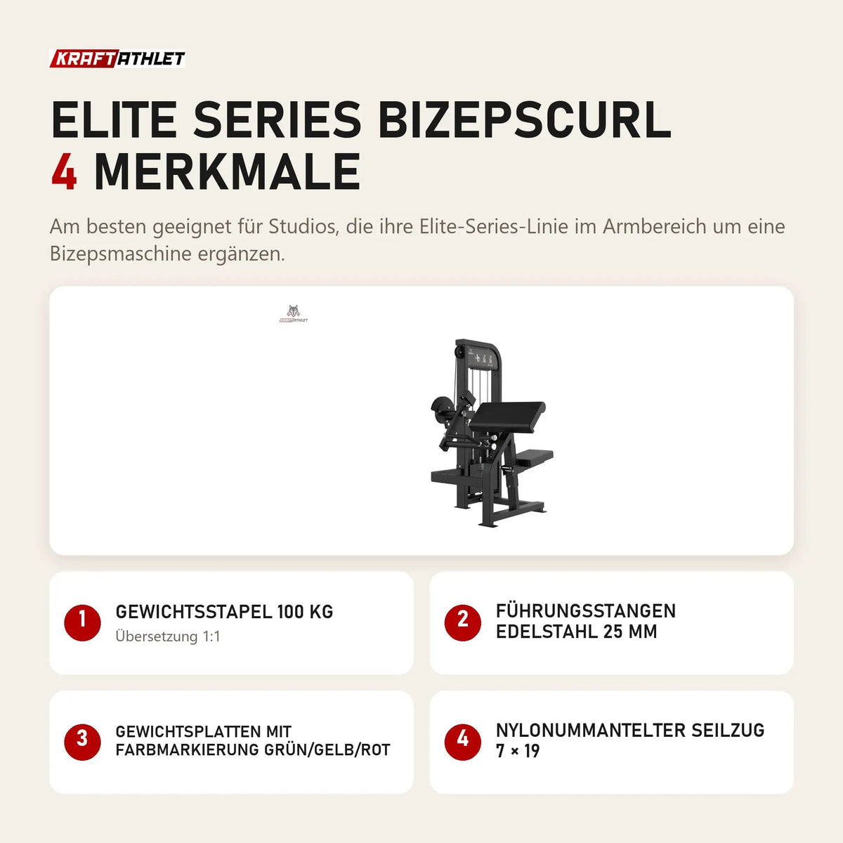 Titanium Strength Elite Series Bizepscurl mit 4 Merkmalen: Gewichtsstapel 100 kg, Führungsstangen Edelstahl 25 mm, Gewichtsplatten mit Farbmarkierung Grün/Gelb/Rot, Nylonummantelter Seilzug 7 × 19