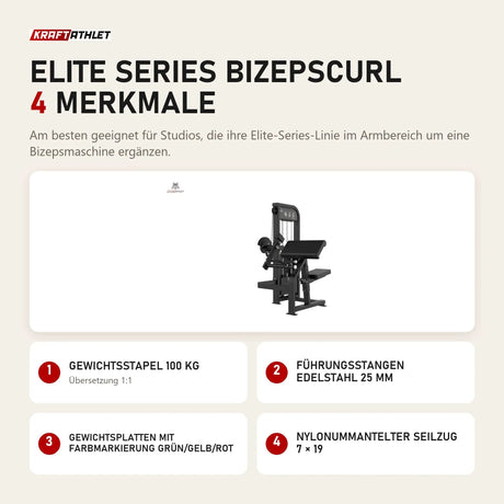 Titanium Strength Elite Series Bizepscurl mit 4 Merkmalen: Gewichtsstapel 100 kg, Führungsstangen Edelstahl 25 mm, Gewichtsplatten mit Farbmarkierung Grün/Gelb/Rot, Nylonummantelter Seilzug 7 × 19
