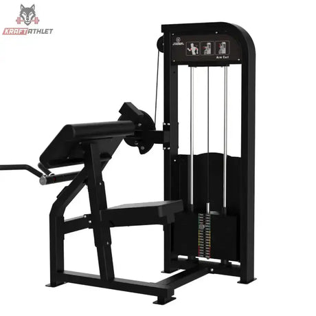 Titanium Strength Elite Series Bizepscurl – Schrägansicht von hinten mit Armauflage und Gewichtsturm