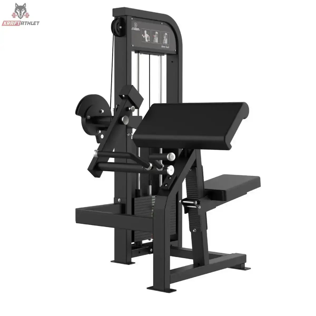 Titanium Strength Elite Series Bizepscurl – Schrägansicht mit Armauflage, Hebelarm und Sitz