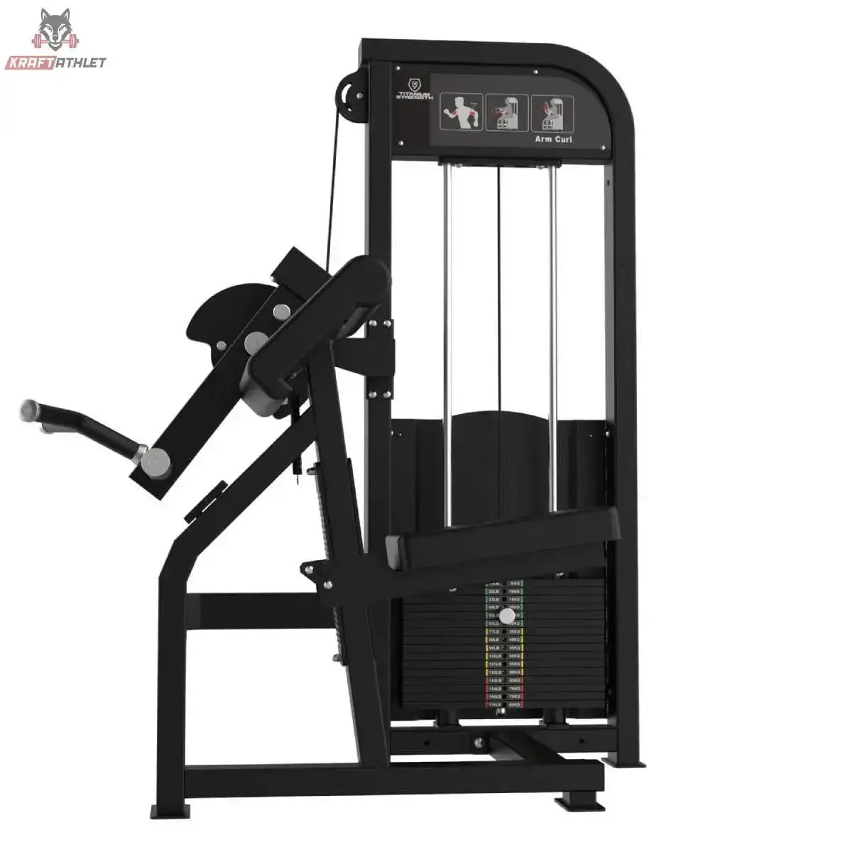 Titanium Strength Elite Series Bizepscurl – Seitenansicht mit Hebelarm, Armauflage und Gewichtsstapel