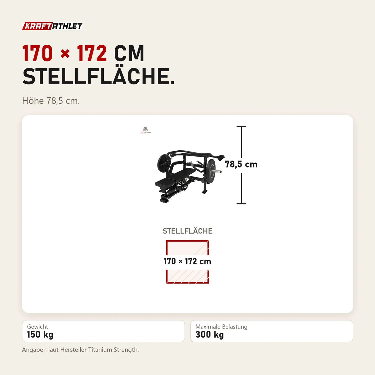Maßbild Titanium Strength Elite Series Crossover Multipress: Stellfläche 170 × 172 cm, Höhe 78,5 cm
