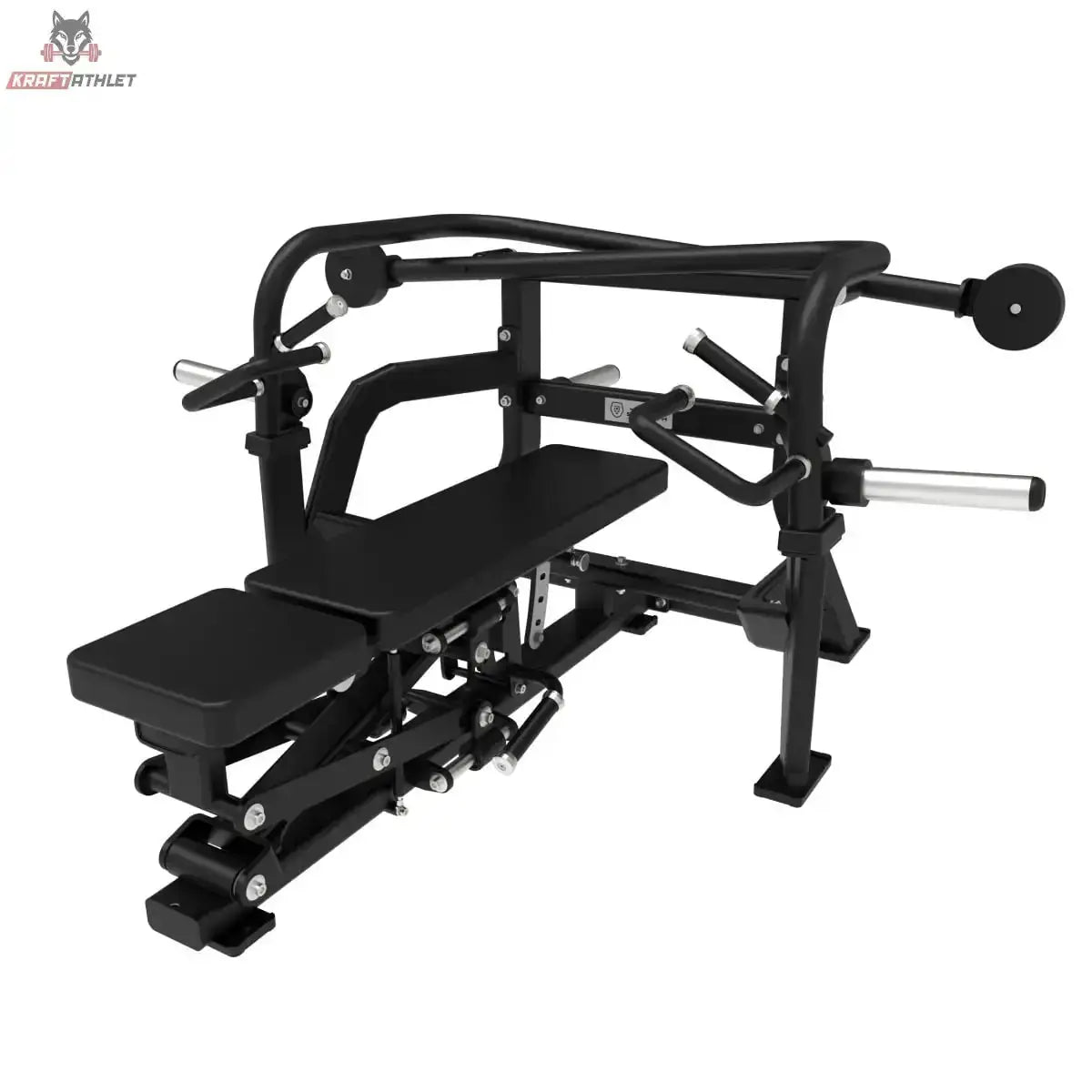 Titanium Strength Elite Series Crossover Multipress in Schrägansicht ohne Scheiben mit Pressarmen und Polster