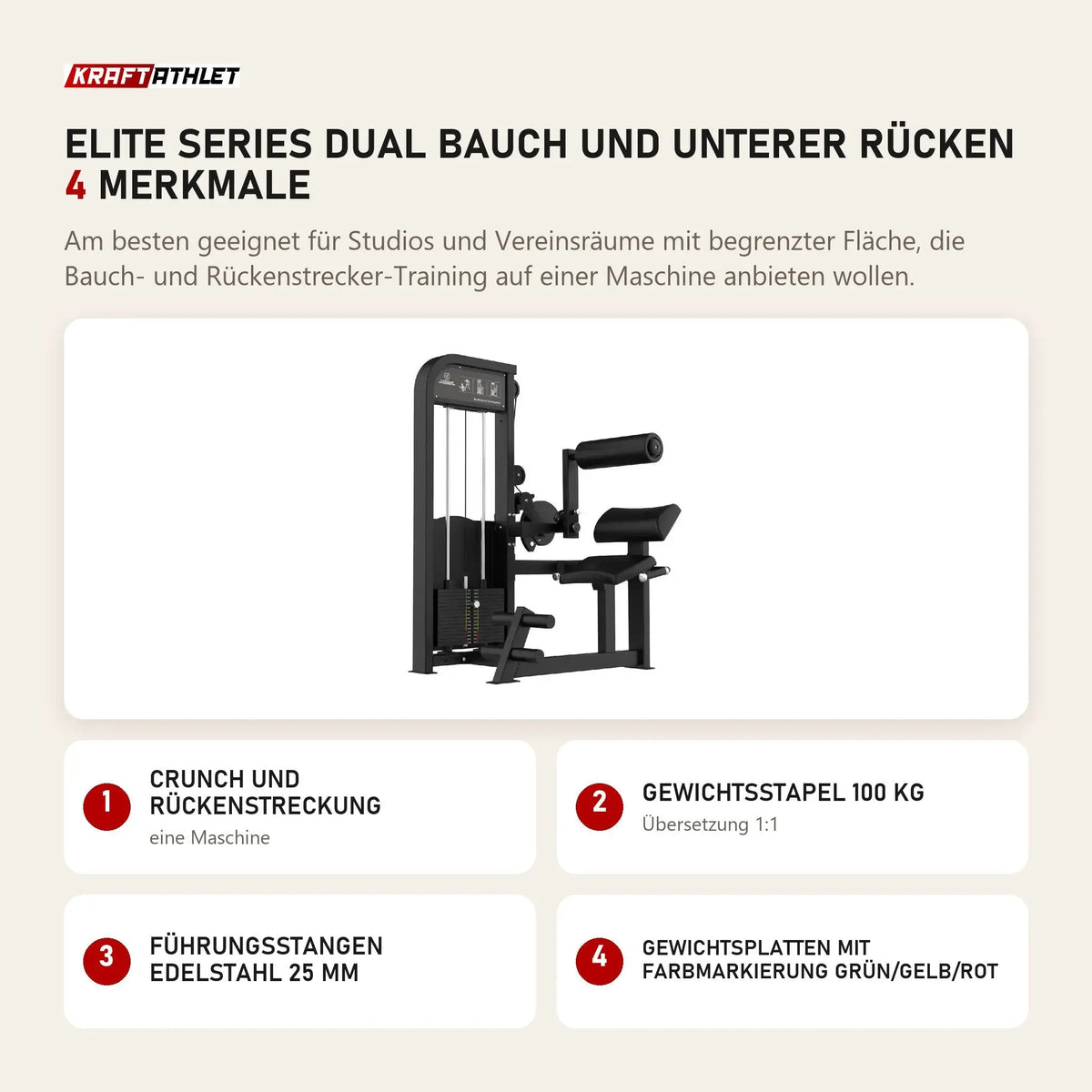 Titanium Strength Elite Series Dual Bauch und unterer Rücken mit 4 Merkmalen: Crunch und Rückenstreckung, Gewichtsstapel 100 kg, Führungsstangen Edelstahl 25 mm, Gewichtsplatten mit Farbmarkierung Grün/Gelb/Rot