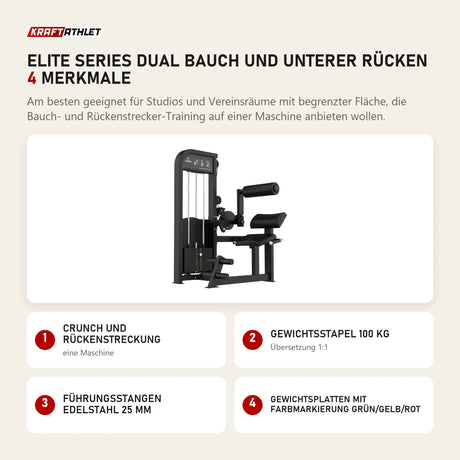 Titanium Strength Elite Series Dual Bauch und unterer Rücken mit 4 Merkmalen: Crunch und Rückenstreckung, Gewichtsstapel 100 kg, Führungsstangen Edelstahl 25 mm, Gewichtsplatten mit Farbmarkierung Grün/Gelb/Rot