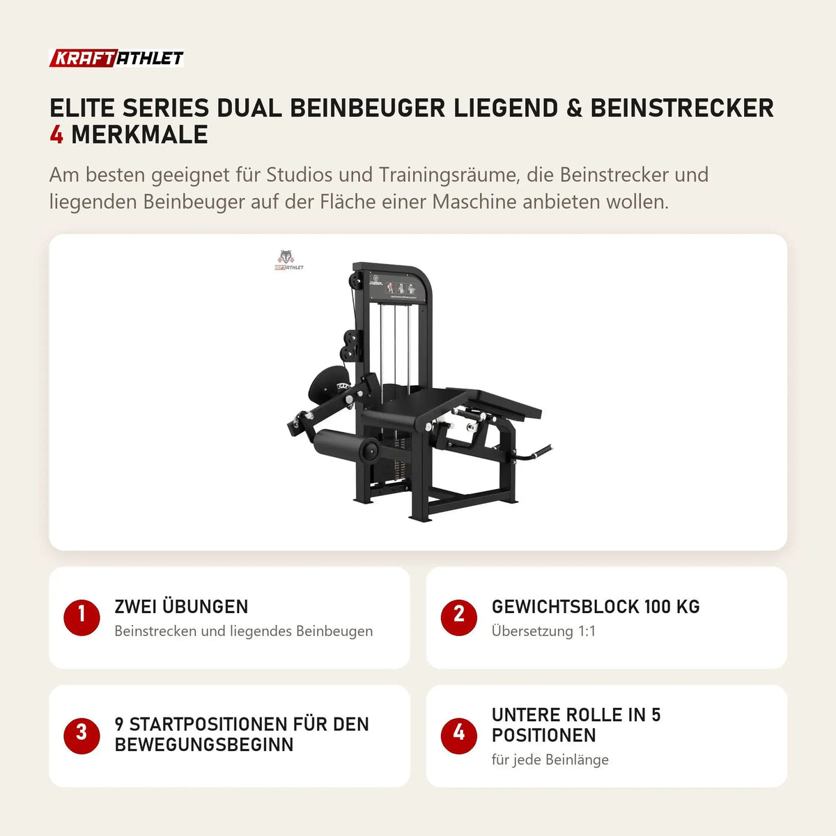 Titanium Strength Elite Series Dual Beinbeuger Liegend & Beinstrecker mit 4 Merkmalen: Zwei Übungen, Gewichtsblock 100 kg, 9 Startpositionen für den Bewegungsbeginn, Untere Rolle in 5 Positionen