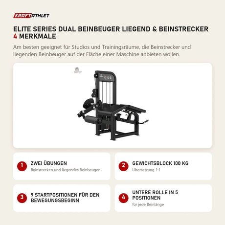 Titanium Strength Elite Series Dual Beinbeuger Liegend & Beinstrecker mit 4 Merkmalen: Zwei Übungen, Gewichtsblock 100 kg, 9 Startpositionen für den Bewegungsbeginn, Untere Rolle in 5 Positionen