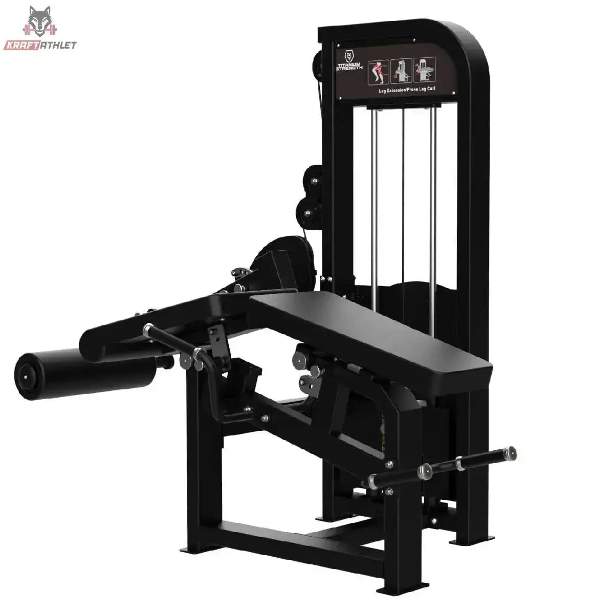 Titanium Strength Elite Series Dual Beinbeuger Liegend & Beinstrecker – Schrägansicht von der anderen Seite mit Polster und Beinrollen