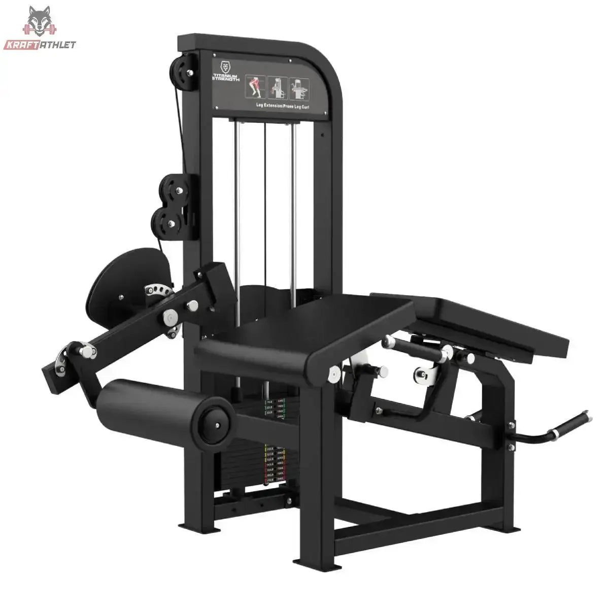 Titanium Strength Elite Series Dual Beinbeuger Liegend & Beinstrecker – Schrägansicht mit Sitz, Beinrollen und Gewichtsturm