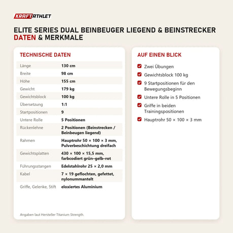 Technische Daten und Merkmale von Titanium Strength Elite Series Dual Beinbeuger Liegend & Beinstrecker als Tabelle