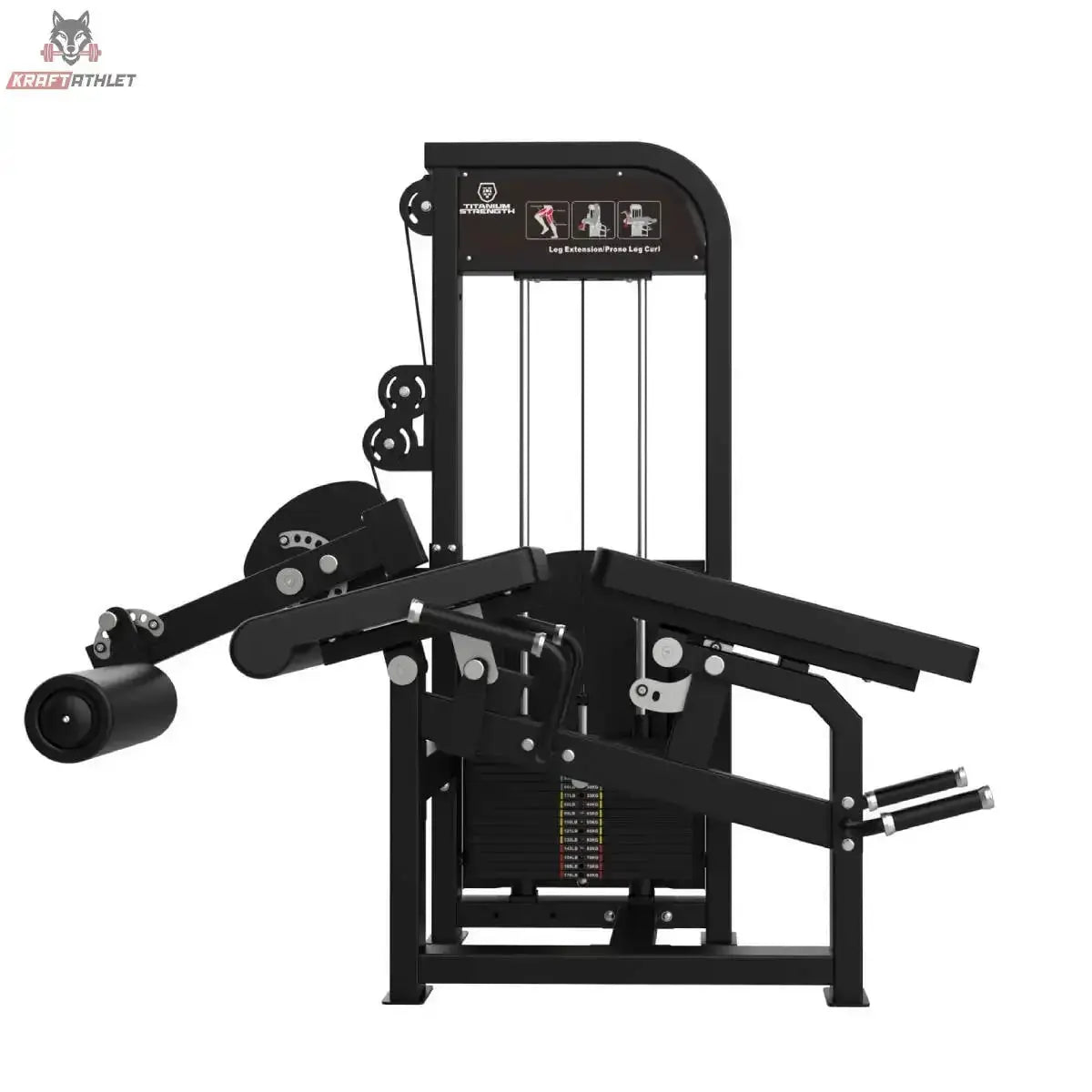 Titanium Strength Elite Series Dual Beinbeuger Liegend & Beinstrecker – Frontansicht mit Polster, Hebelarm und beiden Beinrollen