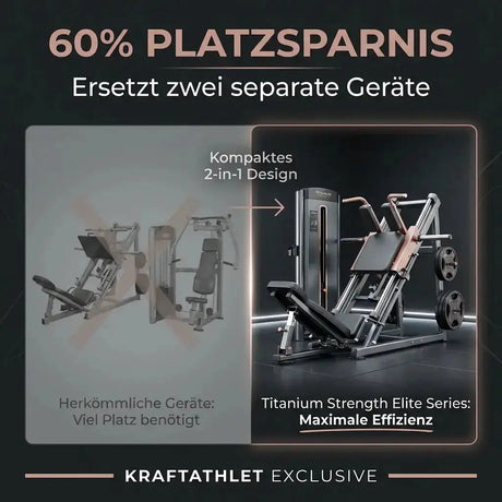 Titanium Strength Elite Series Dual Bizeps- und Trizepsmaschine – Grafik zum Platzbedarf: zwei Einzelgeräte im Vergleich zum 2-in-1-Design