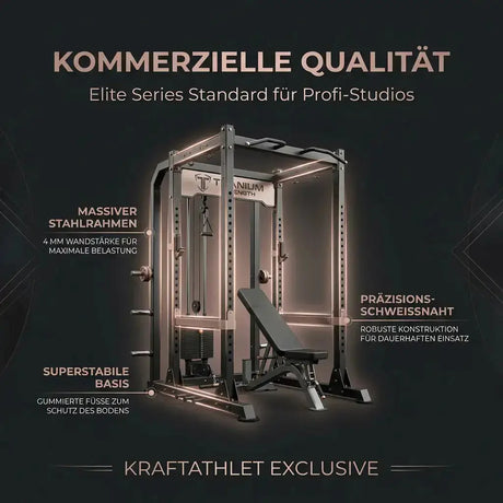 Titanium Strength Elite Series Dual Bizeps- und Trizepsmaschine – Grafik zu Stahlrahmen, Schweißnähten und Basis am Beispiel eines Racks