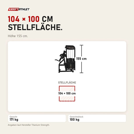 Maßbild Titanium Strength Elite Series Dual Bizeps- und Trizepsmaschine: Stellfläche 104 × 100 cm, Höhe 155 cm