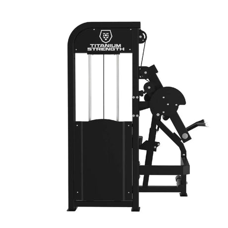 Titanium Strength Elite Series Dual Bizeps- und Trizepsmaschine – Rückansicht des Gewichtsturms mit Logo-Blende und Hebelarm
