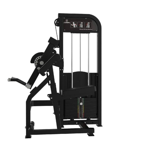 Titanium Strength Elite Series Dual Bizeps- und Trizepsmaschine – Schrägansicht mit Armpolster, Hebelarm und Gewichtsturm