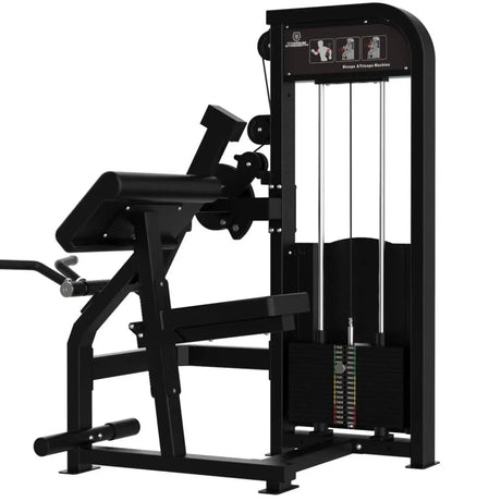Titanium Strength Elite Series Dual Bizeps- und Trizepsmaschine – Seitenansicht mit Sitz, Armauflage und Fußstütze