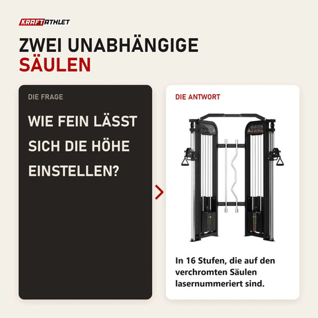 Frage und Antwort zu Titanium Strength Elite Series Functional Trainer: Wie fein lässt sich die Höhe einstellen?
