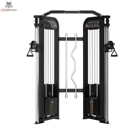 Titanium Strength Elite Series Functional Trainer, Frontansicht mit zwei Seilzugtürmen, Klimmzugstange und Curlstange