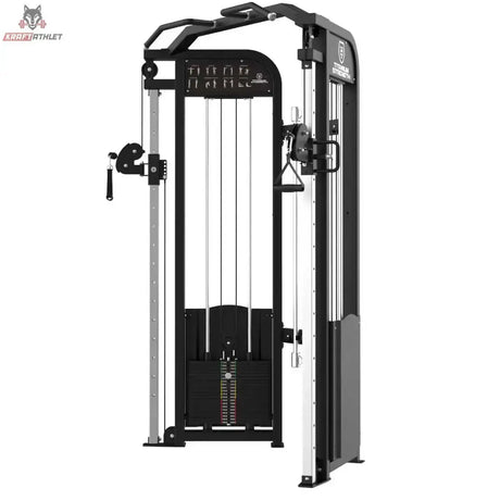 Titanium Strength Elite Series Functional Trainer, Schrägansicht mit Gewichtsstapeln und Griffen