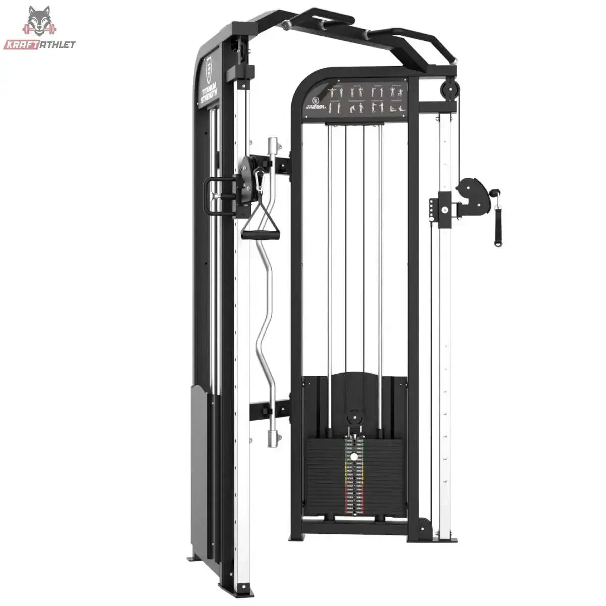 Titanium Strength Elite Series Functional Trainer, Seitenansicht mit Seilzugturm und Curlstange