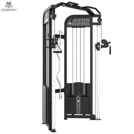 Titanium Strength Elite Series Functional Trainer, Seitenansicht mit Seilzugturm und Curlstange