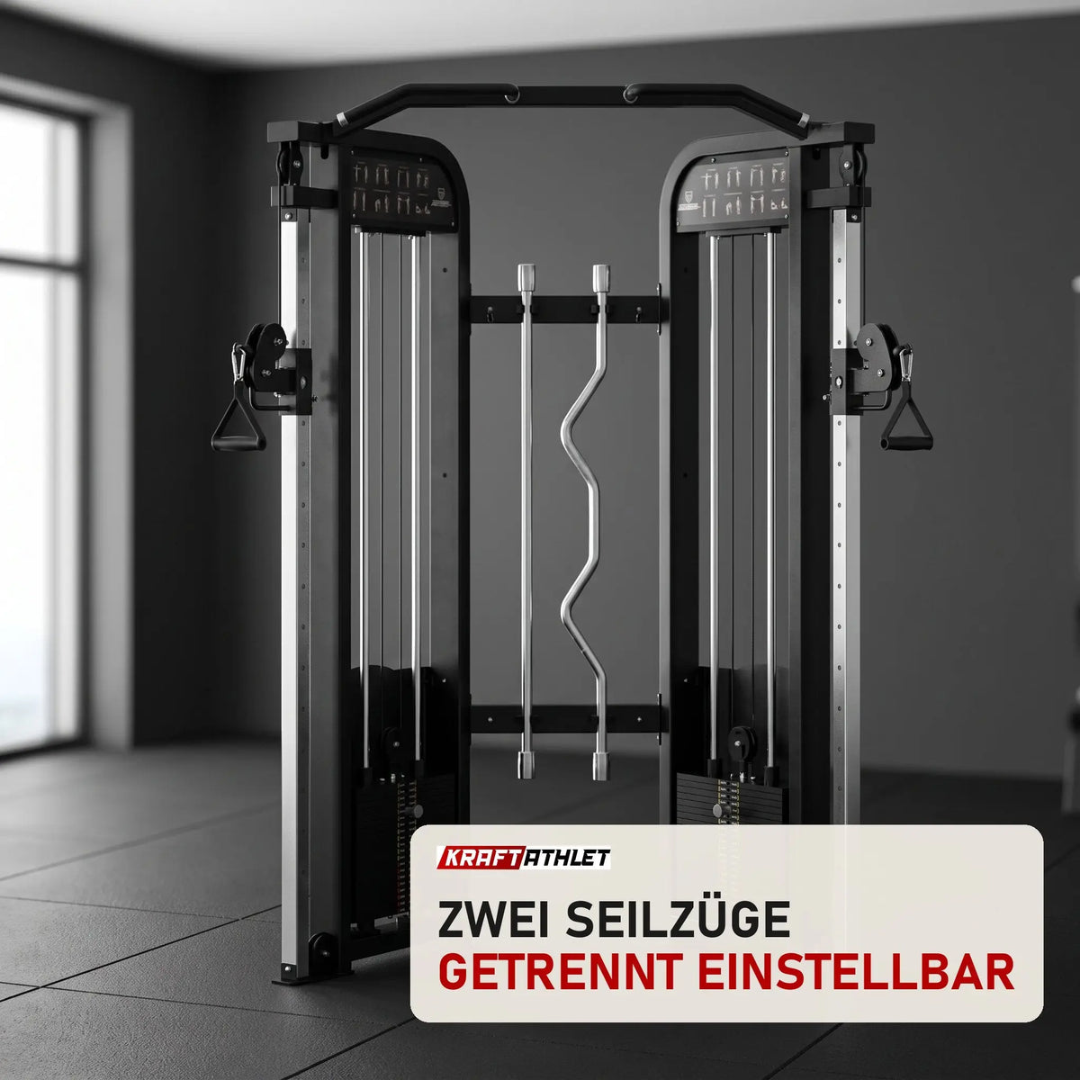 Titanium Strength Elite Series Functional Trainer in einem fertig eingerichteten Studio mit dunklen Wänden und Gummiboden