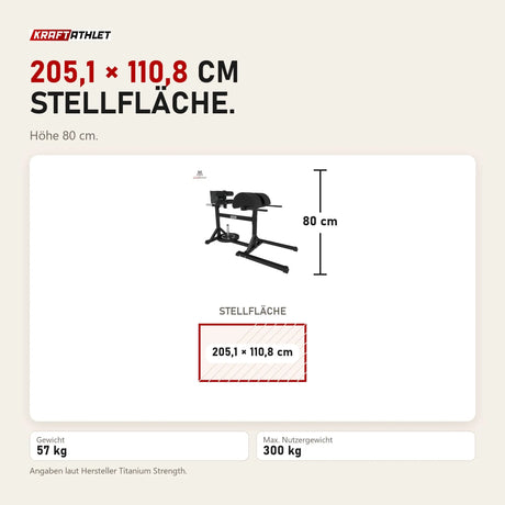 Maßbild Titanium Strength Elite Series GHD Bank: Stellfläche 205,1 × 110,8 cm, Höhe 80 cm