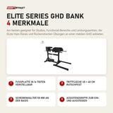 Titanium Strength Elite Series GHD Bank mit 4 Merkmalen: Fußplatte in 14 Tiefen verstellbar, Trittfläche 45 × 40 cm rutschfest, Scheibenhalter 50 mm an der Basis, Assistenzgriffe zum Ein- und Aussteigen