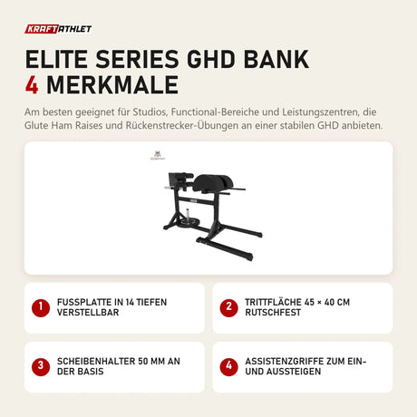 Titanium Strength Elite Series GHD Bank mit 4 Merkmalen: Fußplatte in 14 Tiefen verstellbar, Trittfläche 45 × 40 cm rutschfest, Scheibenhalter 50 mm an der Basis, Assistenzgriffe zum Ein- und Aussteigen