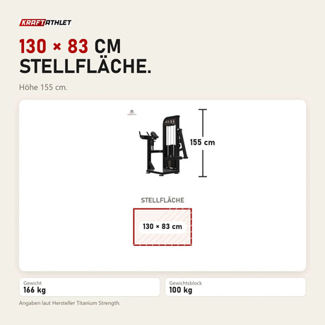 Maßbild Titanium Strength Elite Series Gluteusmaschine: Stellfläche 130 × 83 cm, Höhe 155 cm