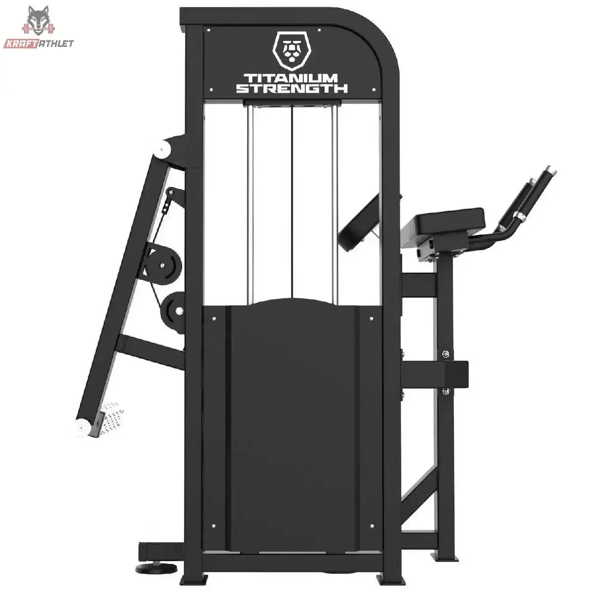 Titanium Strength Elite Series Gluteusmaschine – Rückansicht mit Logo-Abdeckung, Hebelarm und Griffen