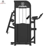 Titanium Strength Elite Series Gluteusmaschine – Rückansicht mit Logo-Abdeckung, Hebelarm und Griffen