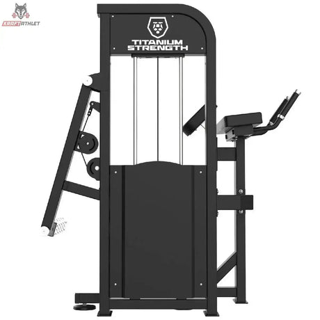 Titanium Strength Elite Series Gluteusmaschine – Rückansicht mit Logo-Abdeckung, Hebelarm und Griffen
