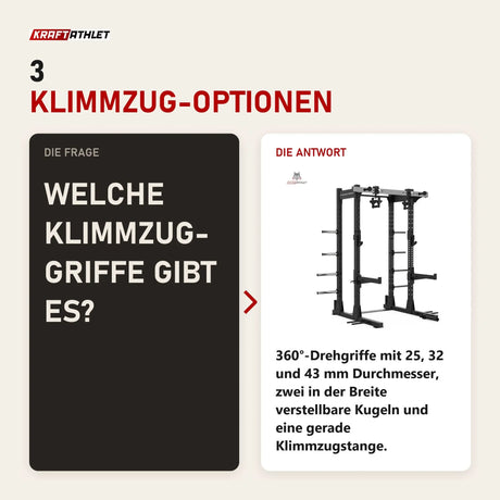 Frage und Antwort zu Titanium Strength Elite Series Half Rack E10: Welche Klimmzug-Griffe gibt es?