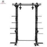 Titanium Strength Elite Series Half Rack E10 in Frontansicht mit drehbarem Multigriff und Hörnern