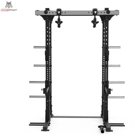 Titanium Strength Elite Series Half Rack E10 in Frontansicht mit drehbarem Multigriff und Hörnern
