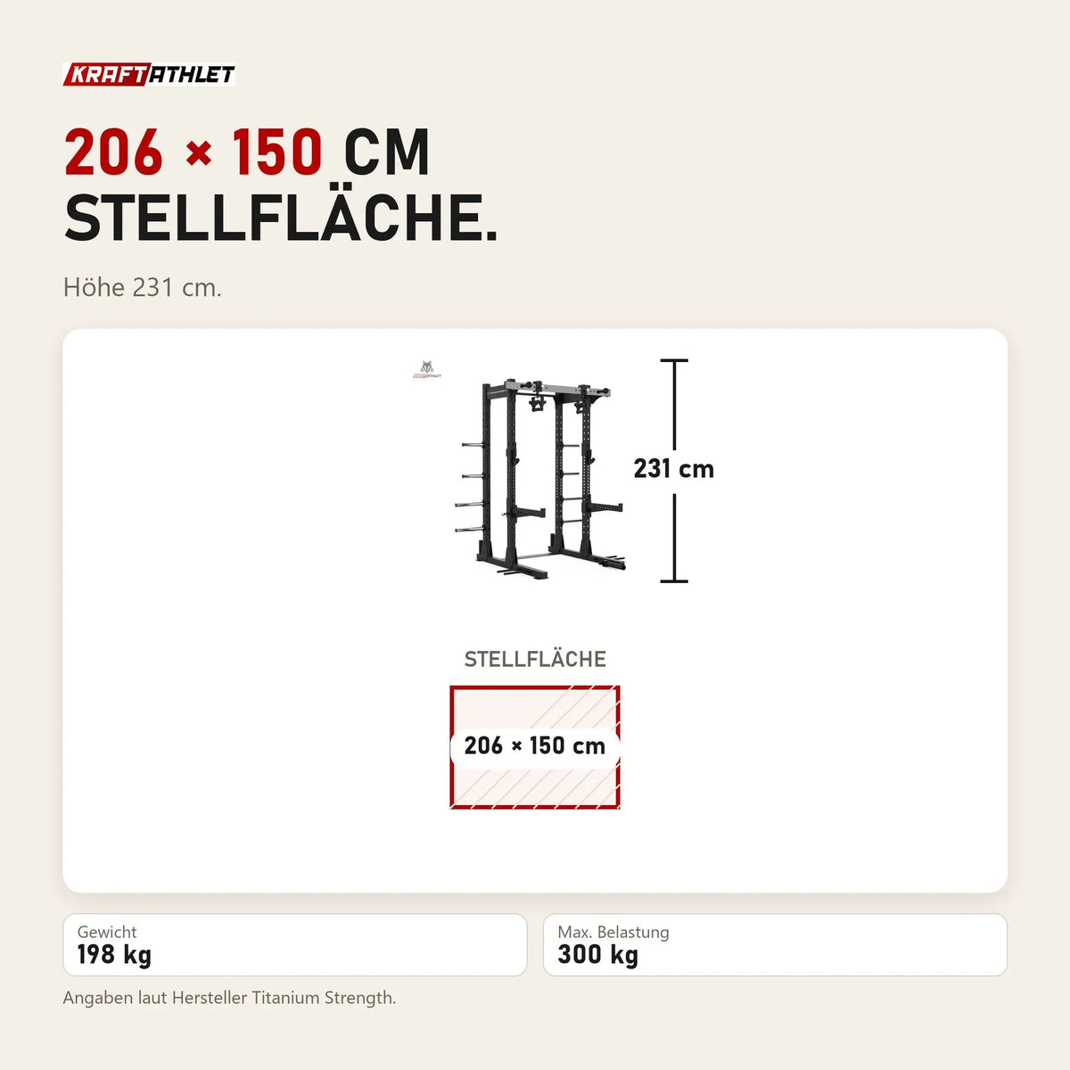 Maßbild Titanium Strength Elite Series Half Rack E10: Stellfläche 206 × 150 cm, Höhe 231 cm