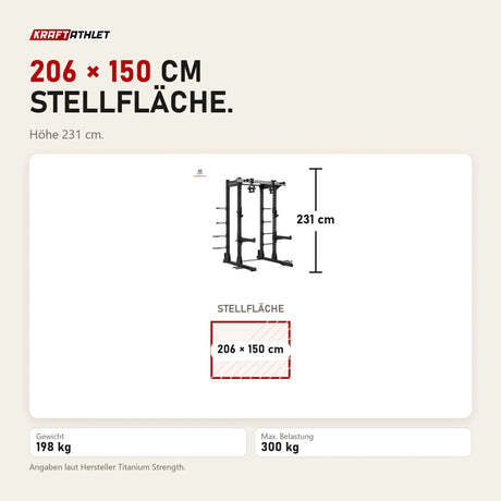 Maßbild Titanium Strength Elite Series Half Rack E10: Stellfläche 206 × 150 cm, Höhe 231 cm