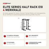 Titanium Strength Elite Series Half Rack E10 mit 4 Merkmalen: 3 Klimmzug-Optionen, 360°-Drehgriffe, 27 Positionen, 8 höhenverstellbare Scheibenhalter