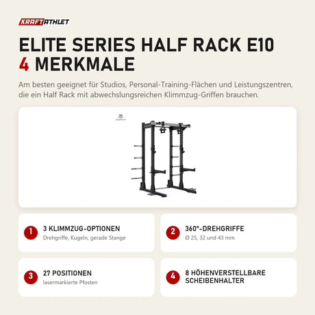 Titanium Strength Elite Series Half Rack E10 mit 4 Merkmalen: 3 Klimmzug-Optionen, 360°-Drehgriffe, 27 Positionen, 8 höhenverstellbare Scheibenhalter