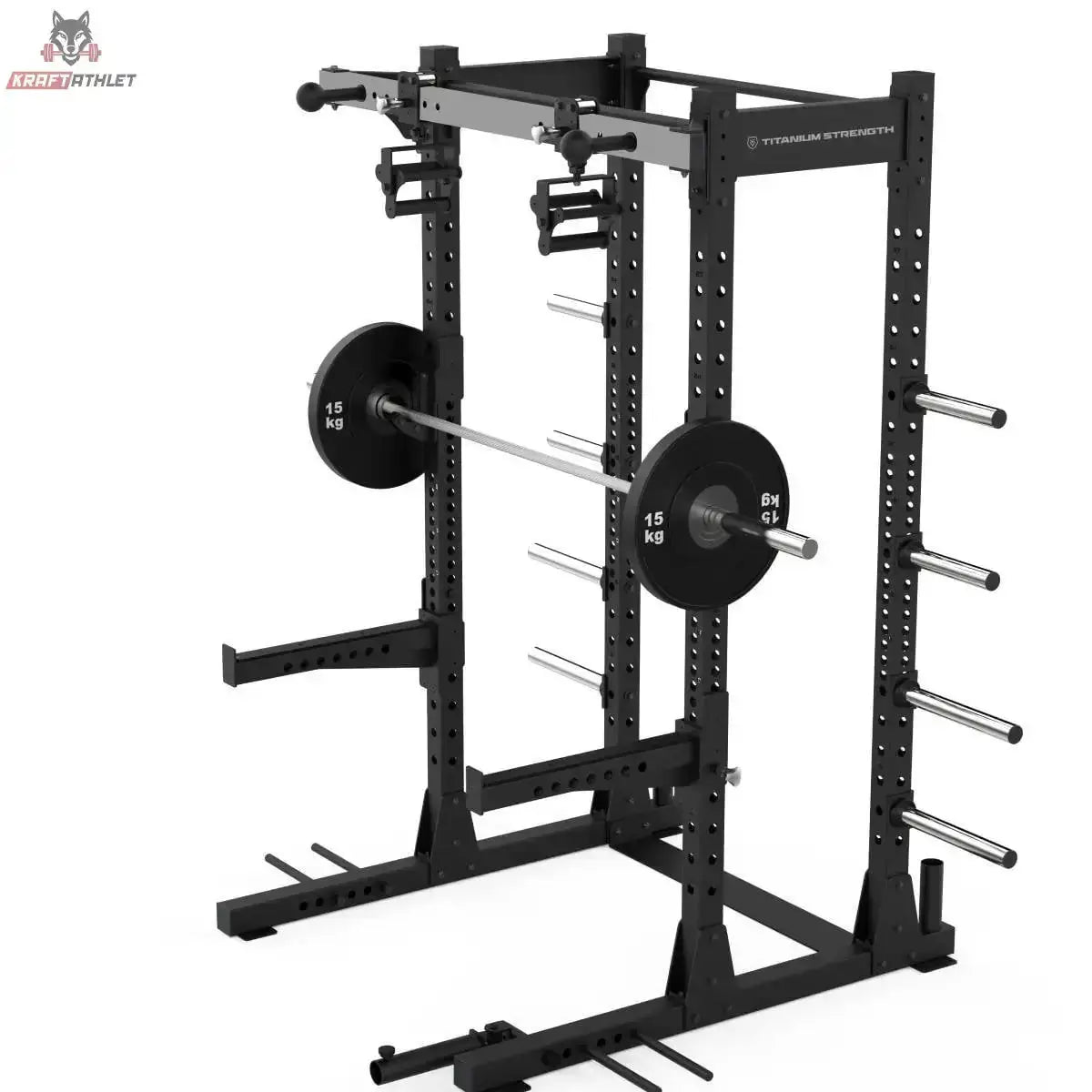 Titanium Strength Elite Series Half Rack E10 mit eingelegter Langhantel und Hantelscheiben, Schrägansicht